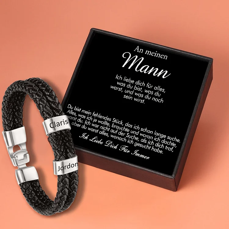 Herren Personalisiertes 2 Namen Perlen Zweifach Geflochtenes Leder Armband - An Meinen Mann-Geschenk mit Nachrichtenkarte