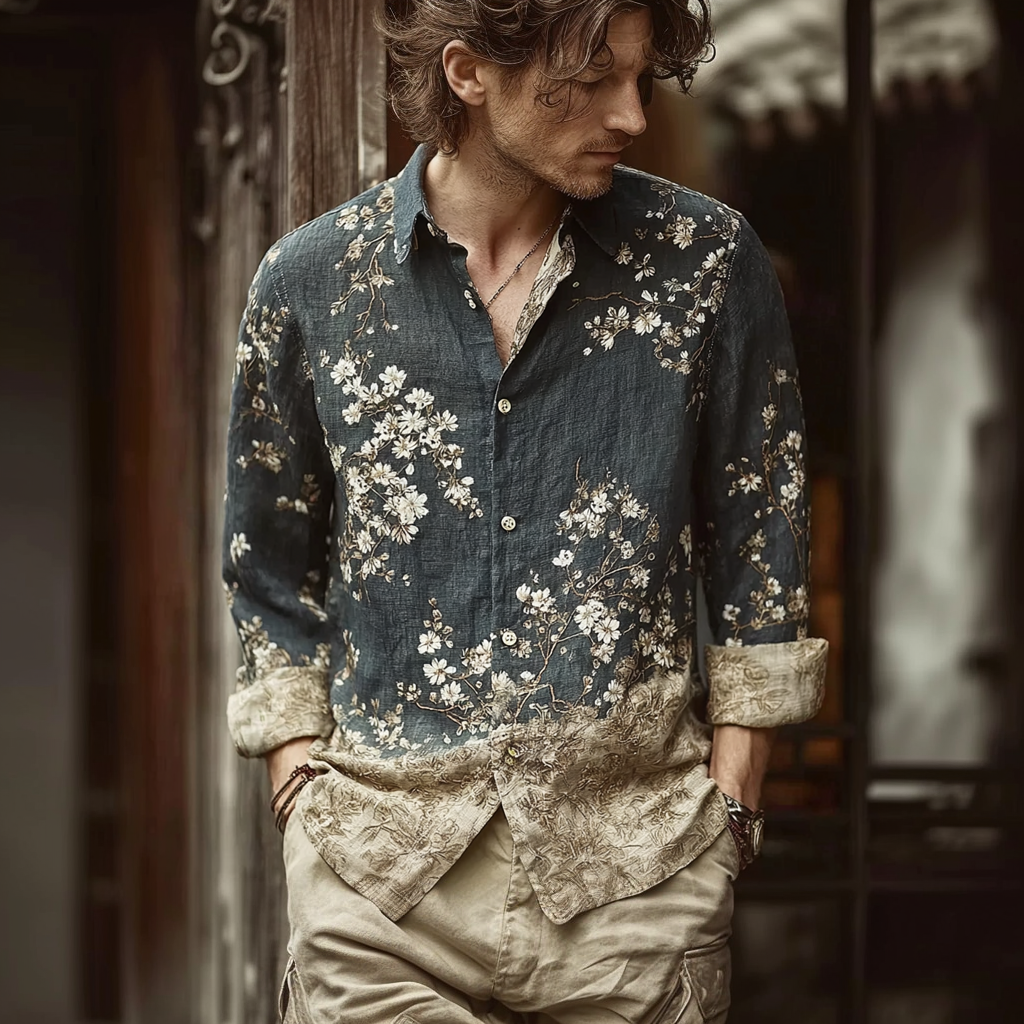 Bohemian Retro Style Floral Print Men's Long-sleeve Shirt  artssus