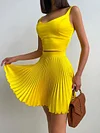 Sleeveless Solid Color Sexy Slim Pleated Skirt Two-Piece Suit