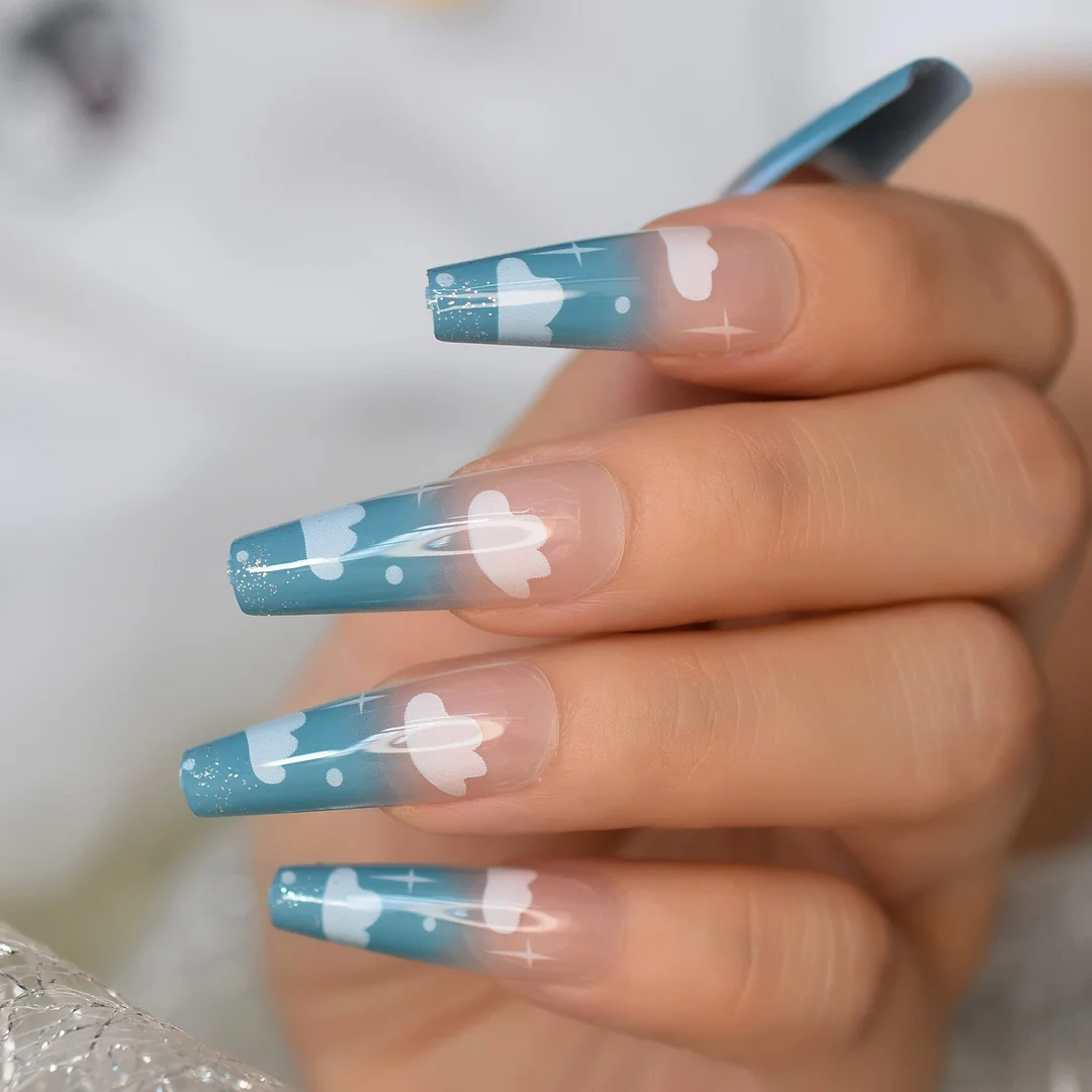 Churchf Long Coffin France Nails Fake Nails Art Butterfly Patternt Press On Nails Matte Salon At Home Full Cover Manicure