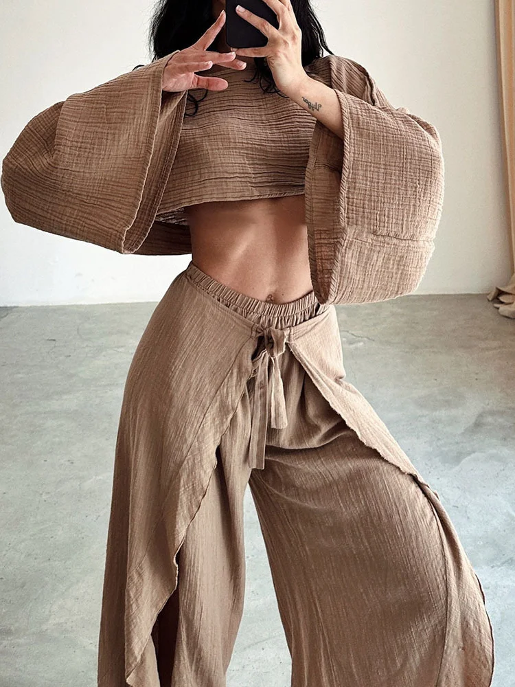 Cropped Top and Elastic Waist Tie Ruffle Pants Set