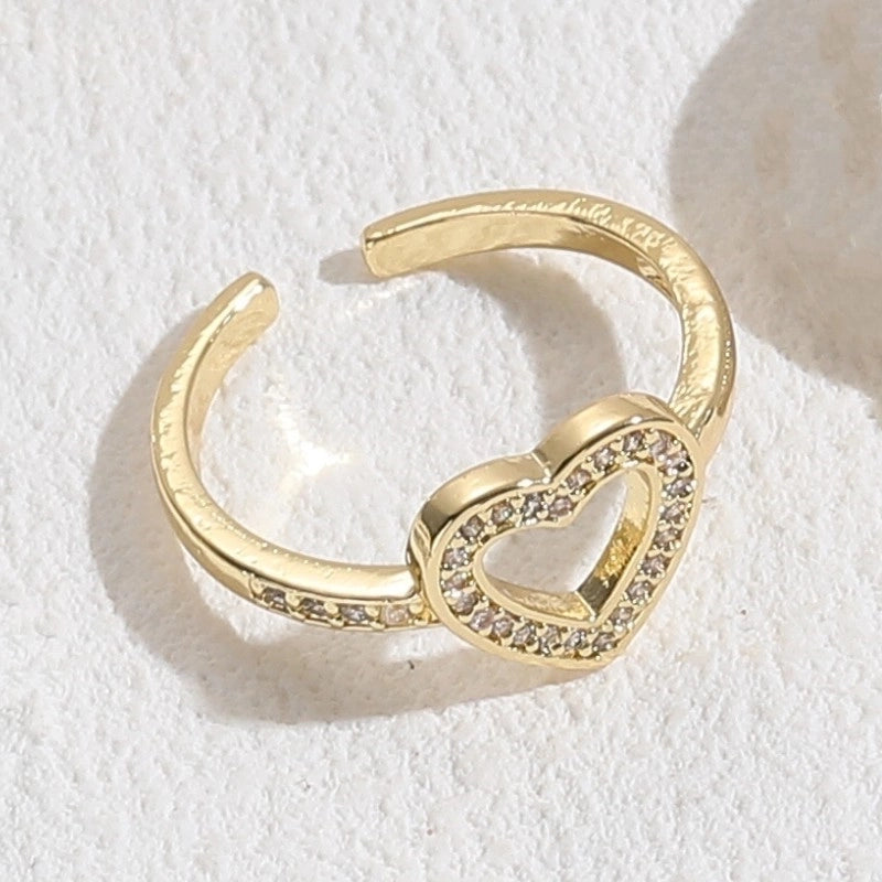 Glam Letter Heart Shape Copper Inlay Zircon 14k Gold Plated Open Ring