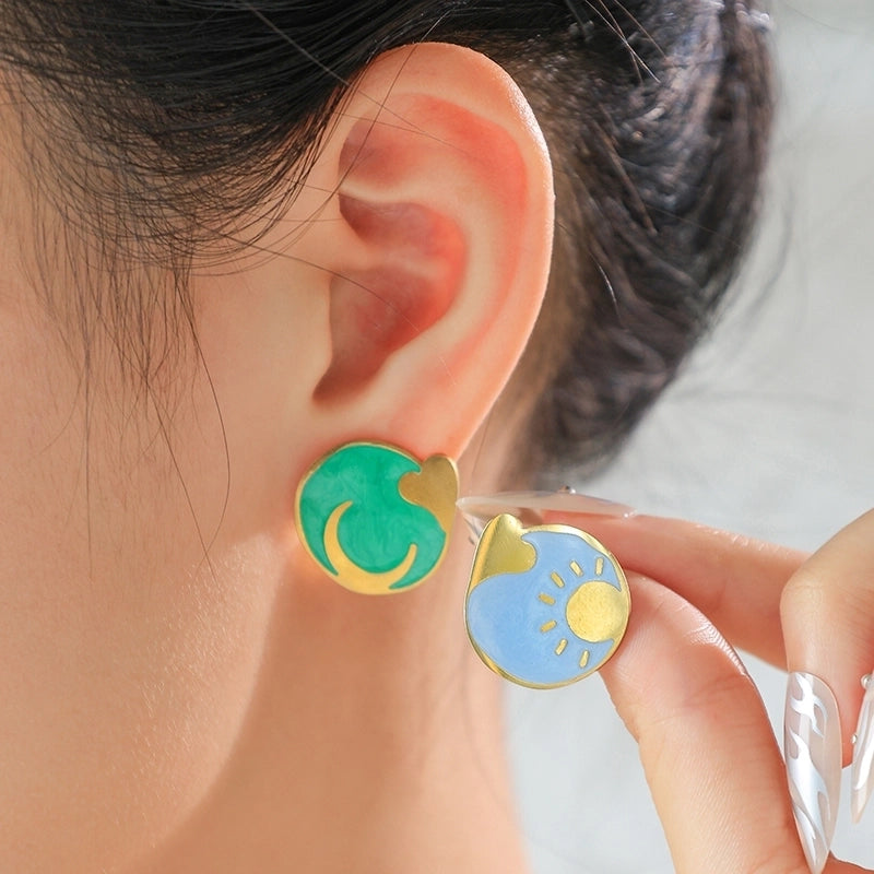 1 Pair Cute Minimalist Commute Sun Moon Heart Shape Enamel 304 Stainless Steel 14K Gold Plated Ear Studs