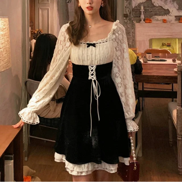 Korean Vintage Kawaii Lace Slim Elegant Retro Black Fairy Dress SP16699