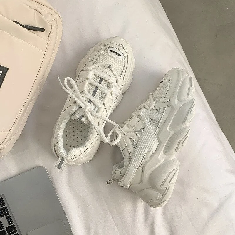 Fashion Women Sneakers Mesh Chunky Sneakers Casual Shoes Autumn 2021 Comfortable Thick Sole White Dad Flats Platform Shoes