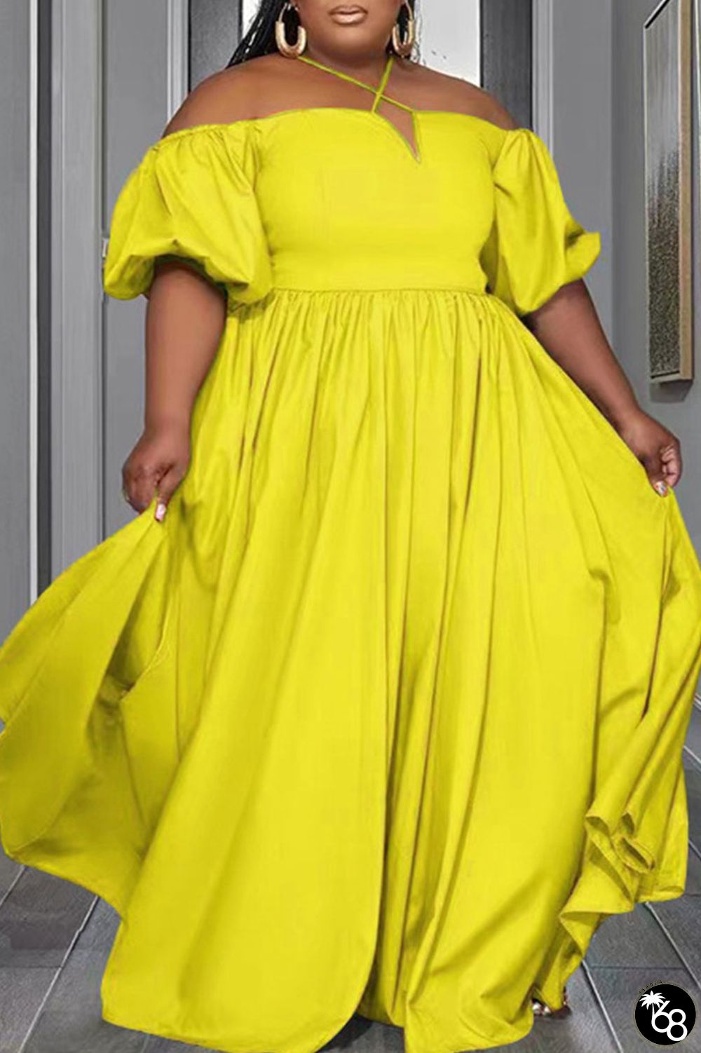 Yellow Casual Work Elegant Solid Pocket Fold Halter A Line Plus Size Dresses | 168DEAL