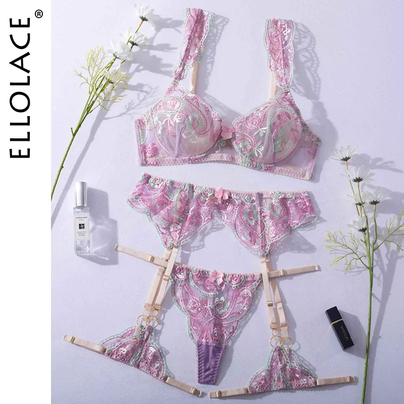 Billionm Lingerie For Women Garter Fancy Underwear 4-Pieces Floral Embroidery Delicate Outfits Sensual Transparent Exotic Sets