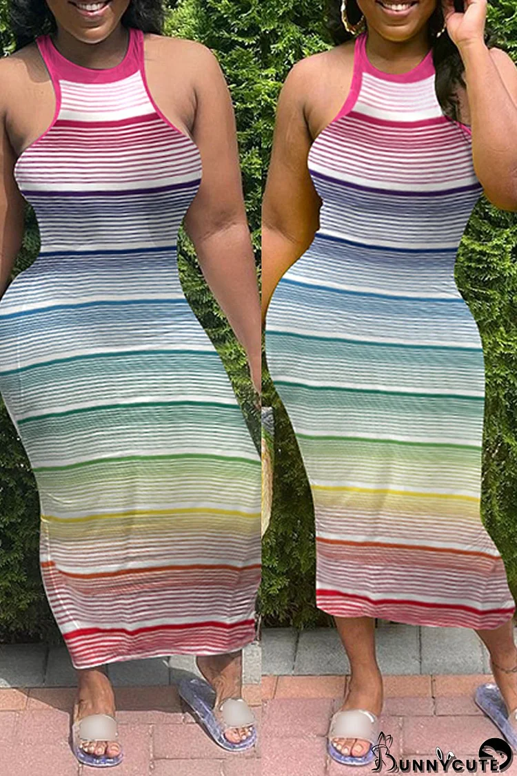 Multi-color Fashion Sexy Striped Print Basic O Neck Sleeveless Dress Dresses