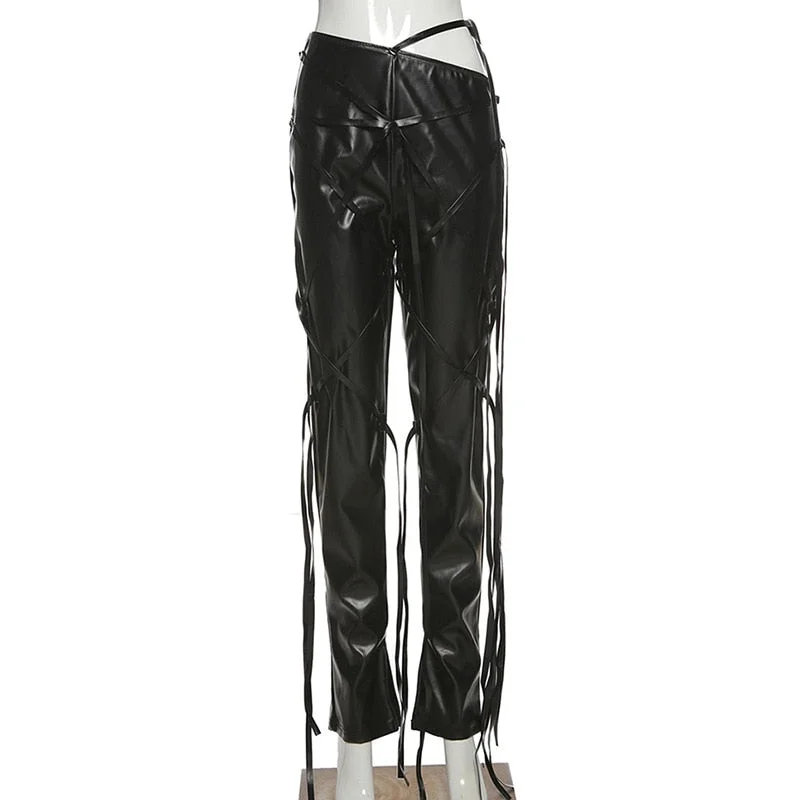 Simenual Midnight Faux PU Leather Skinny Pants Ribbon Criss Cross Women High Waist Pencil Trousers Fashion Fall 2021 Clothing