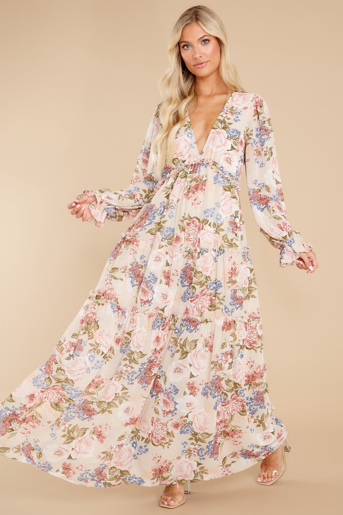  thdmladies Flourishing Beauty Beige Floral Print Dress thedmladies