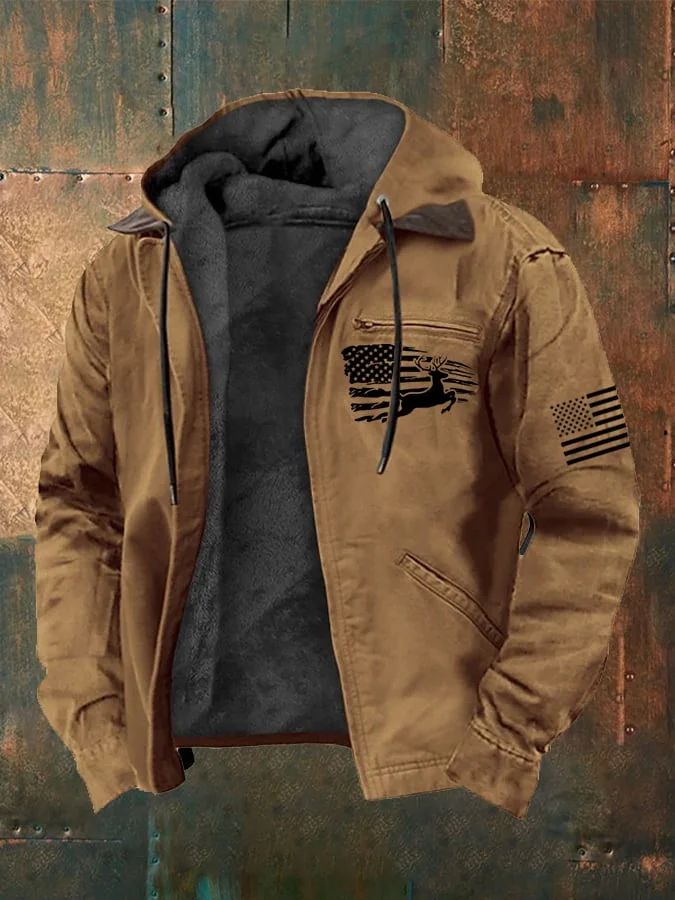 Men's American Flag And Deer Printed Plush Zipper Jacket