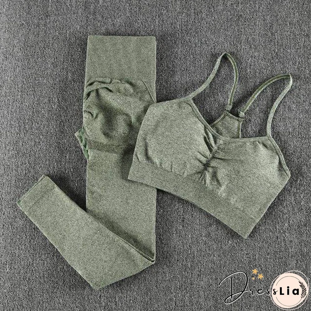 Solid Seamless Gym Two Piece Set Women High Stretchy Tracksuit Women Sports High Waist Leggings Workout Pants Sets Women