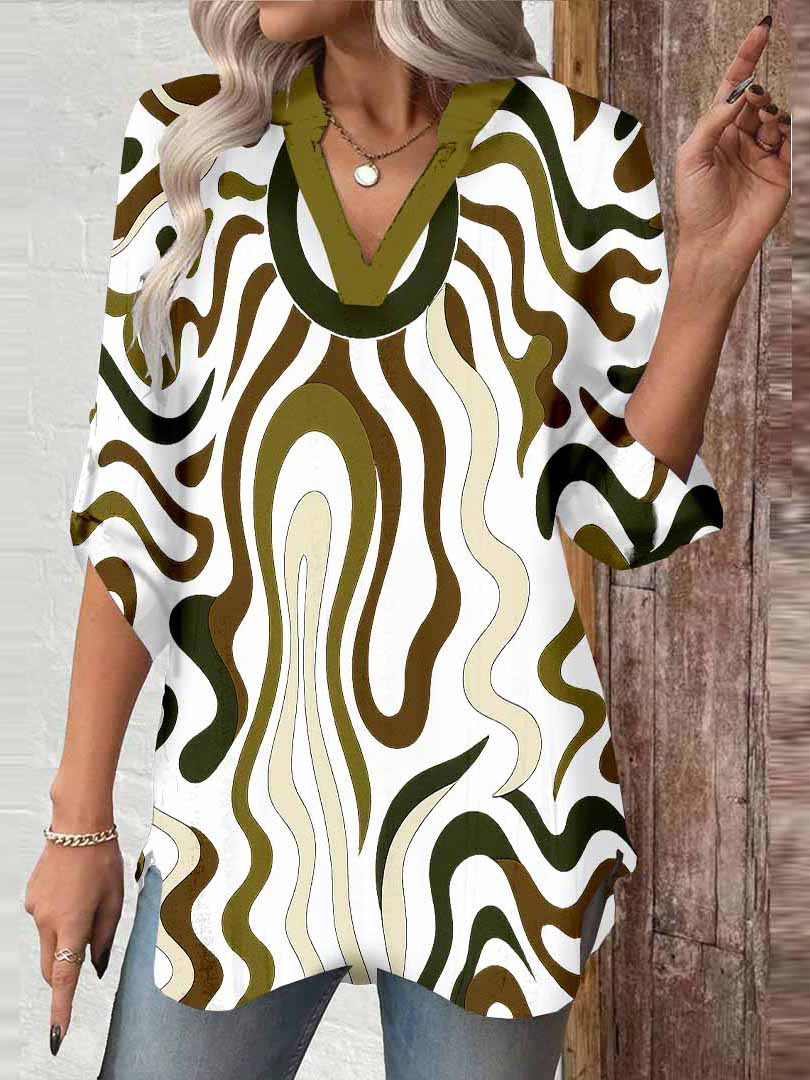Women Abstract, Black, Brown DZGA0168 3/4 Sleeve V-neck Printed Graphic Button Tops