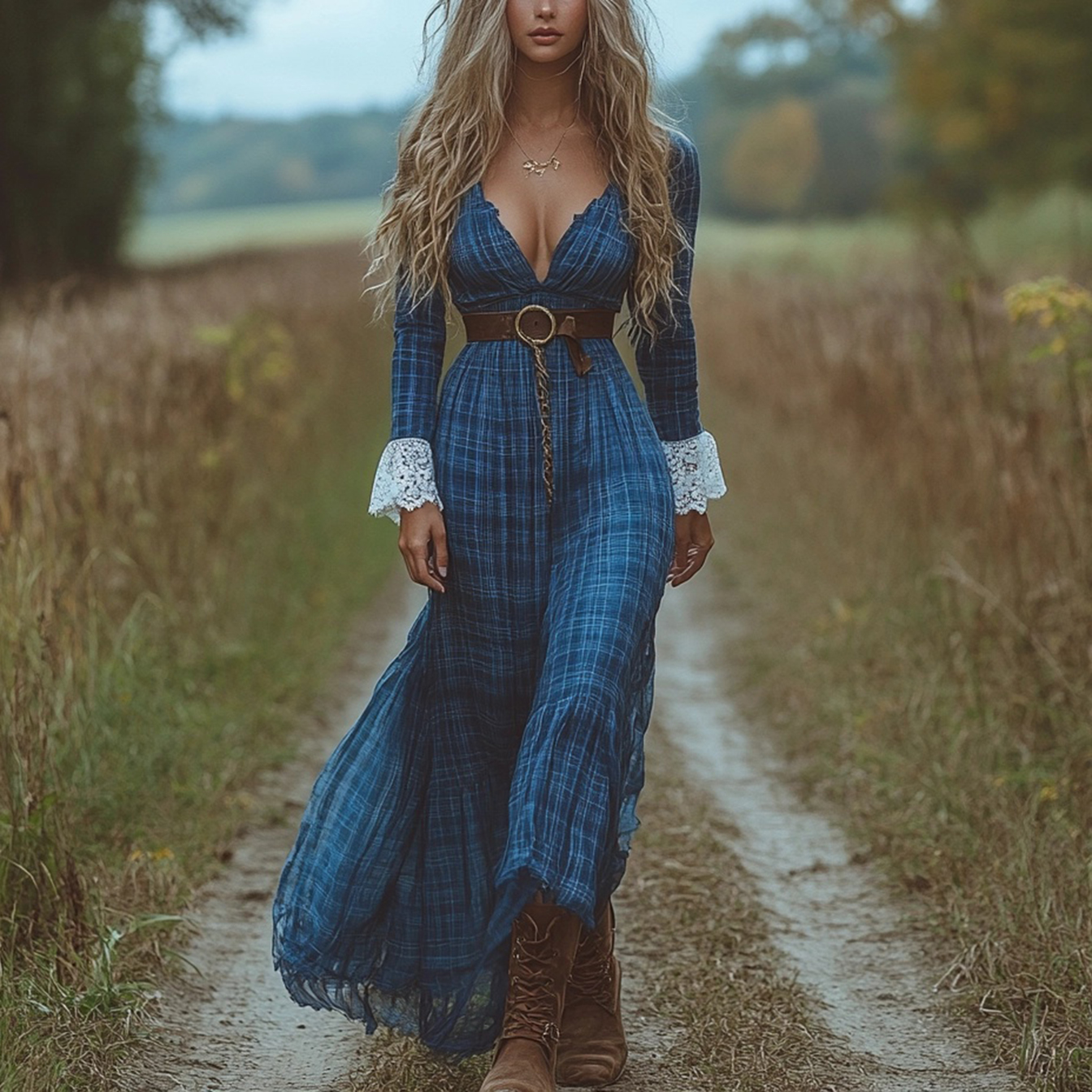 Retro V-neck Plaid Women's Long-sleeved Dress Pastoral Style Lace Retro Long Dress