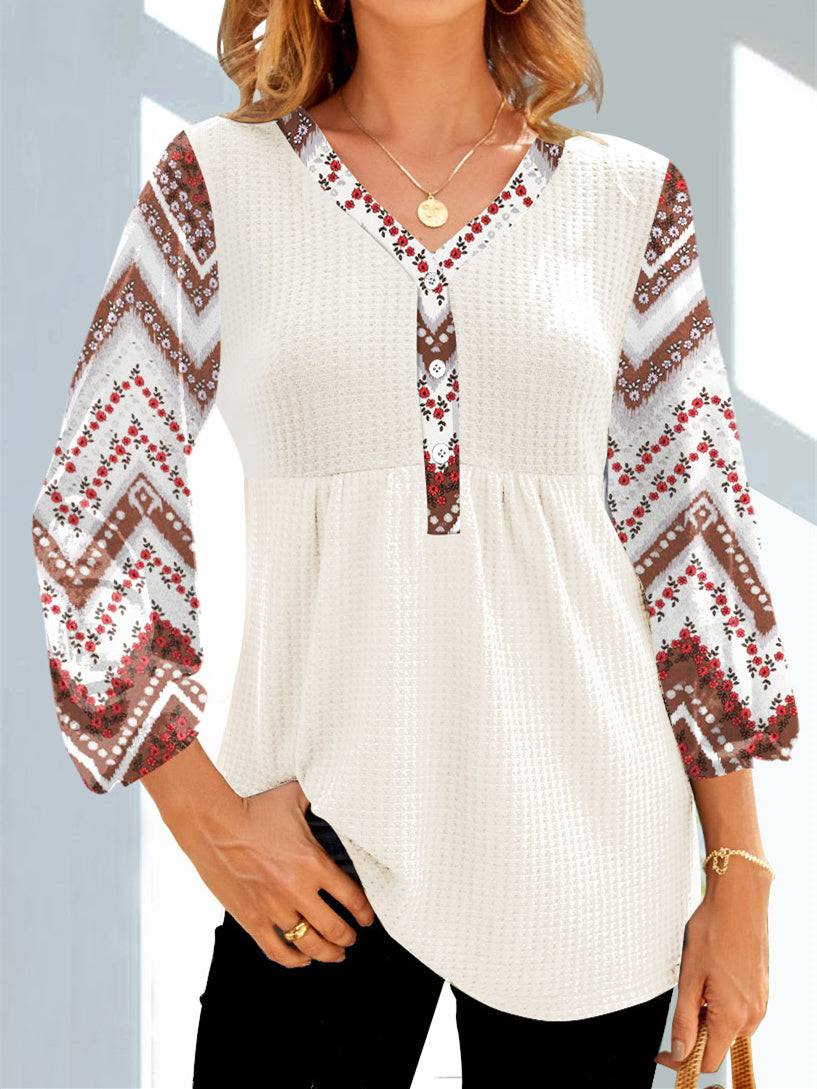 Women 3/4 Sleeve V-neck Graphic Printed Top