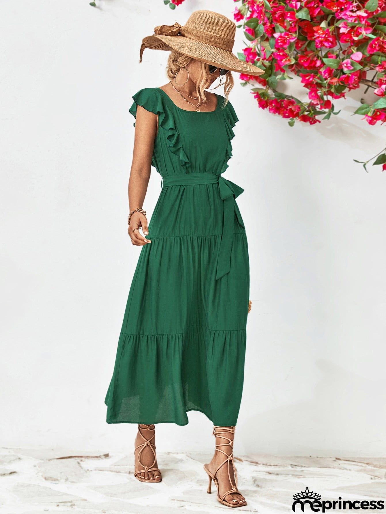 Tie Belt Ruffled Tiered Dress