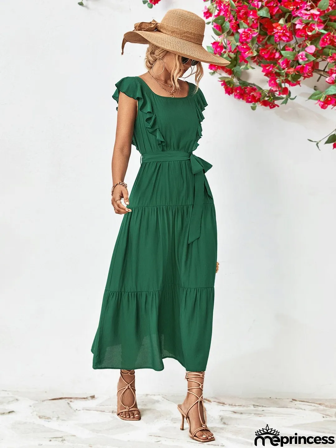 Tie Belt Ruffled Tiered Dress