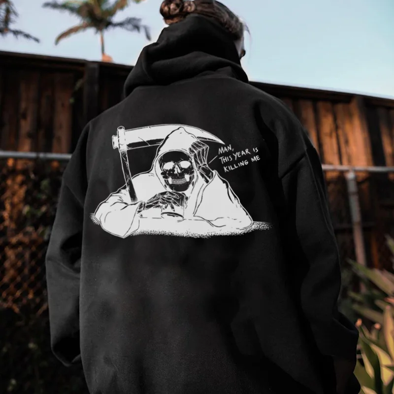 UPRANDY Man This Year Is Killing Me Skeleton Demon Printed Hoodie -  UPRANDY