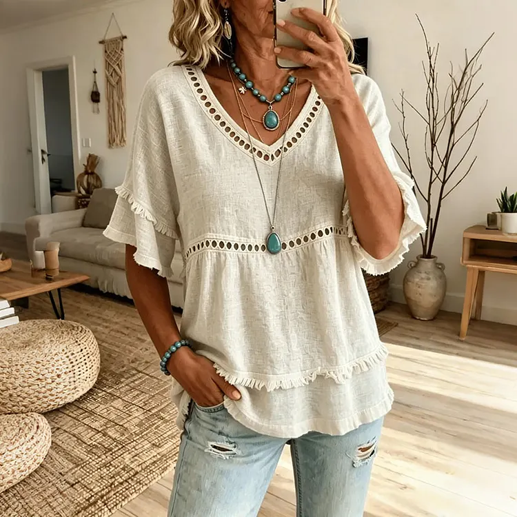 Women's Diverse Design Cotton And Linen V-neck Flowy Top