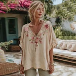 Women's Vintage Rose Floral Art V Neck Linen Comfy T-shirt - Image 2