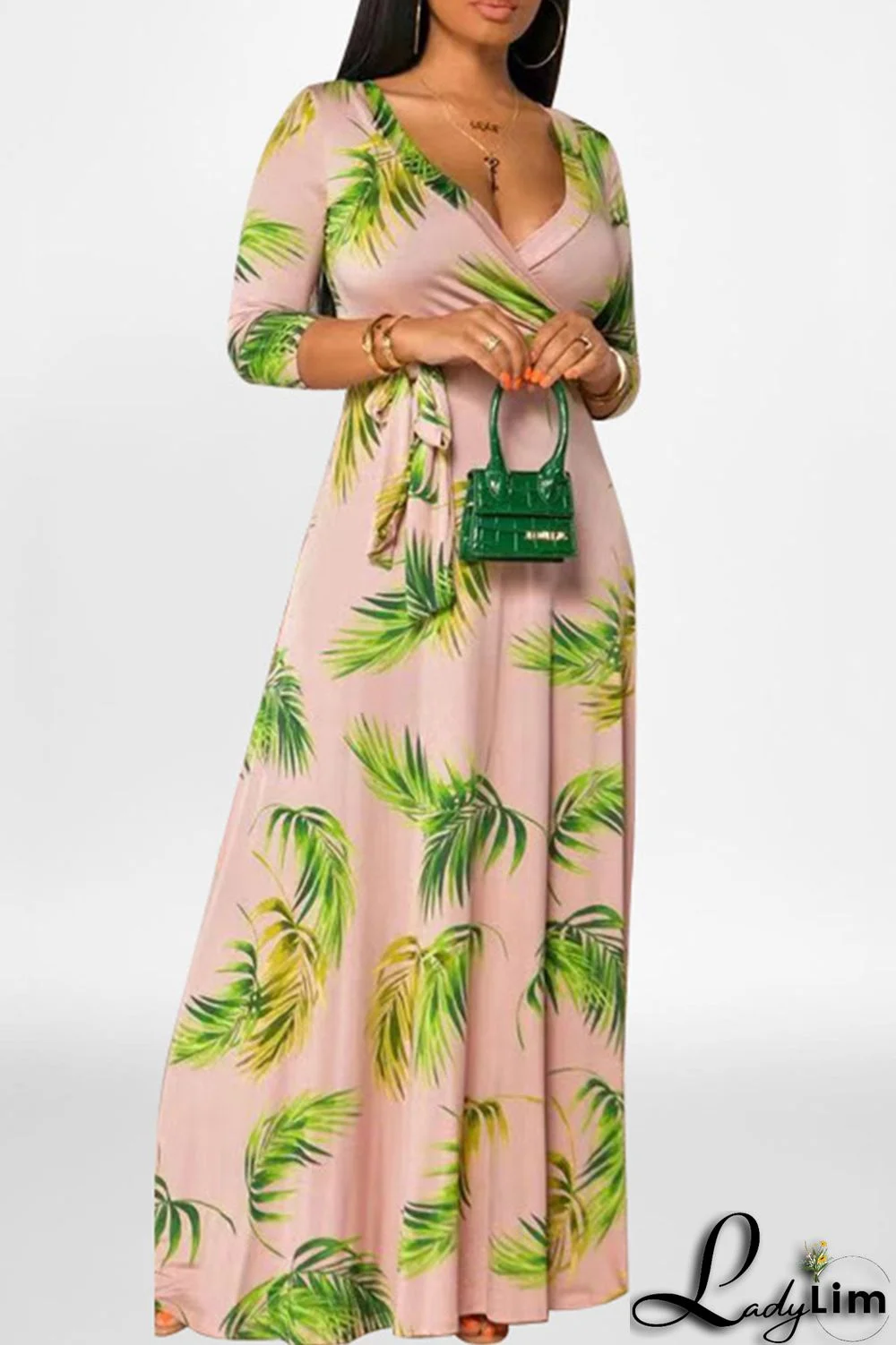 Pink Fashion Casual Print Patchwork V Neck Long Dress