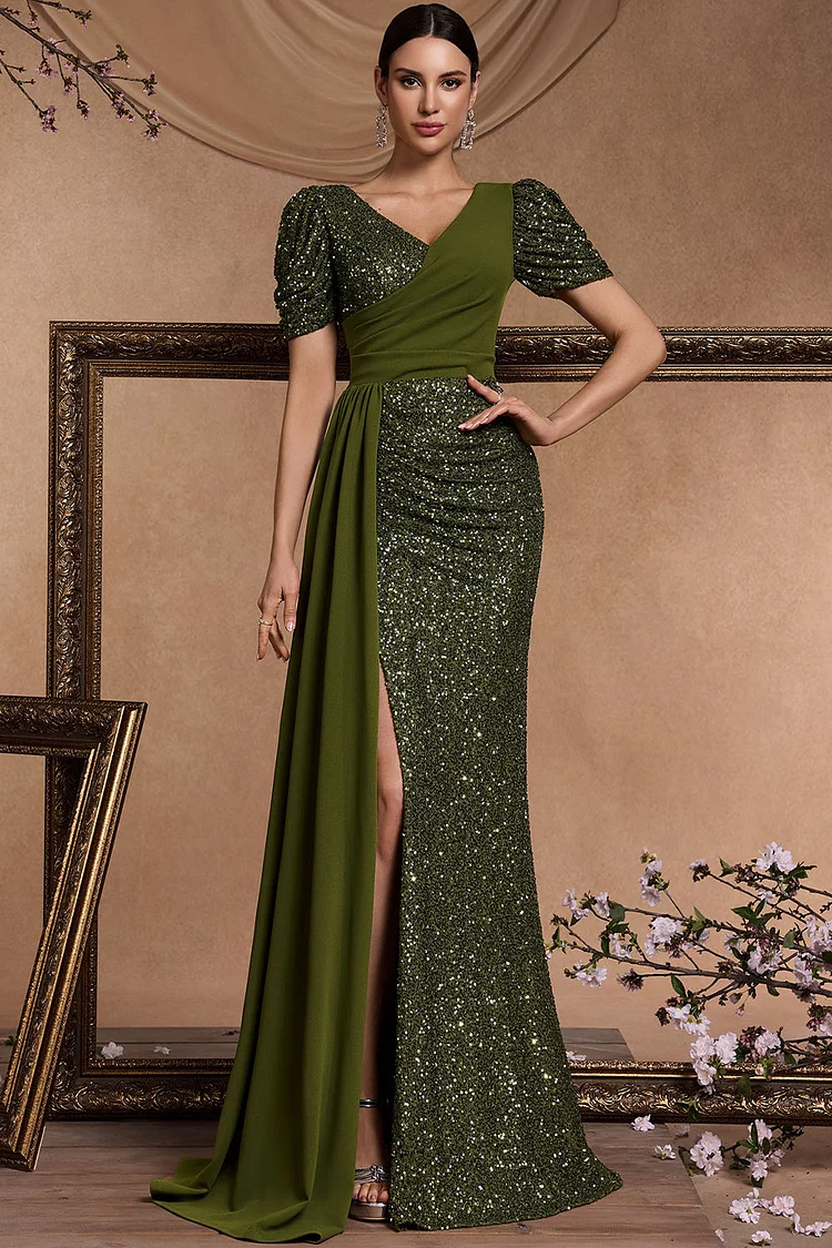 Sequin Patchwork Draped Maxi Dress-Olive Green
