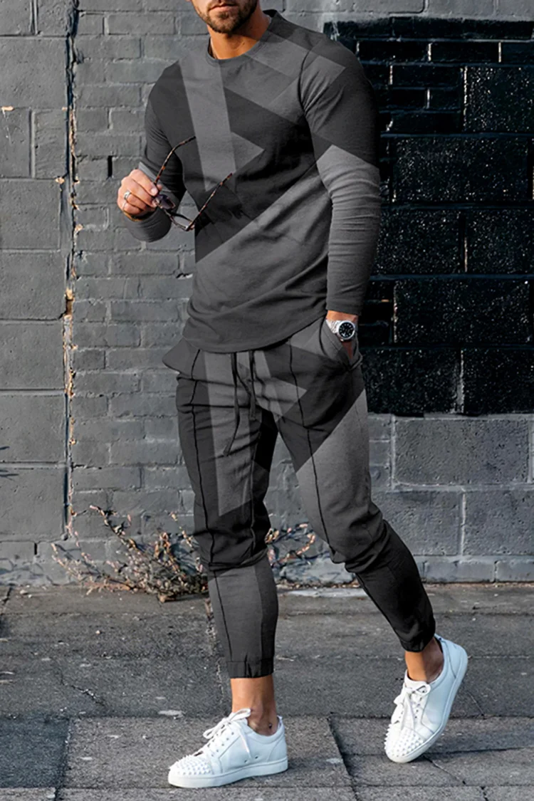 Tiboyz Black And Grey Geometry T-Shirt And Pants Two Piece Set