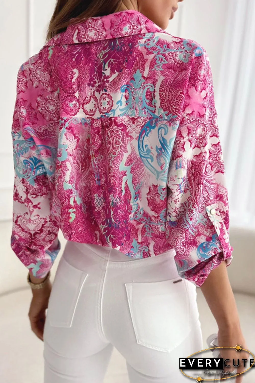 Rose Baroque Floral Roll-tab Sleeve Shirt