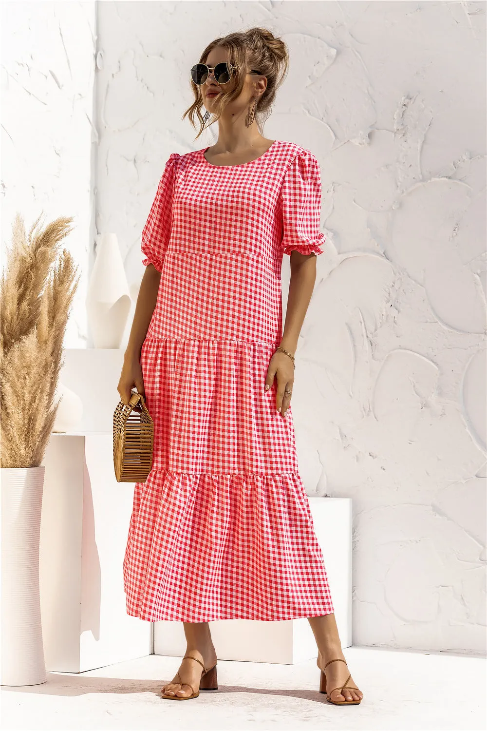 Brownm Sleeve Dot Plaid Urban Style Loose Stitching Long Dress