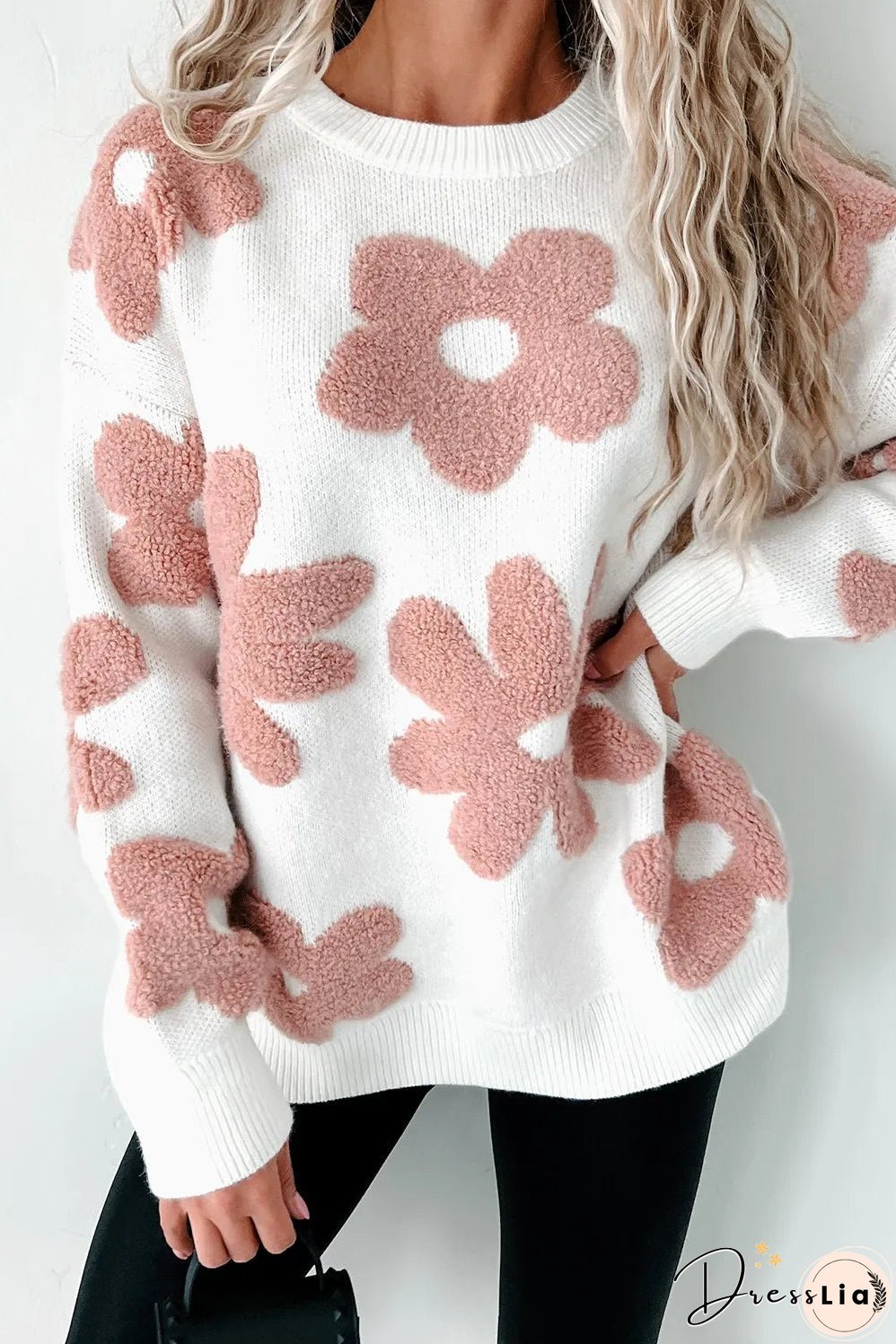 Flower Round Neck Long Sleeve Knit Top