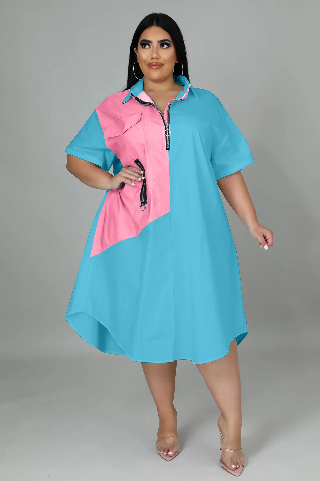 Large Women's Loose Stitching Contrast Short Sleeve Zipper Dress