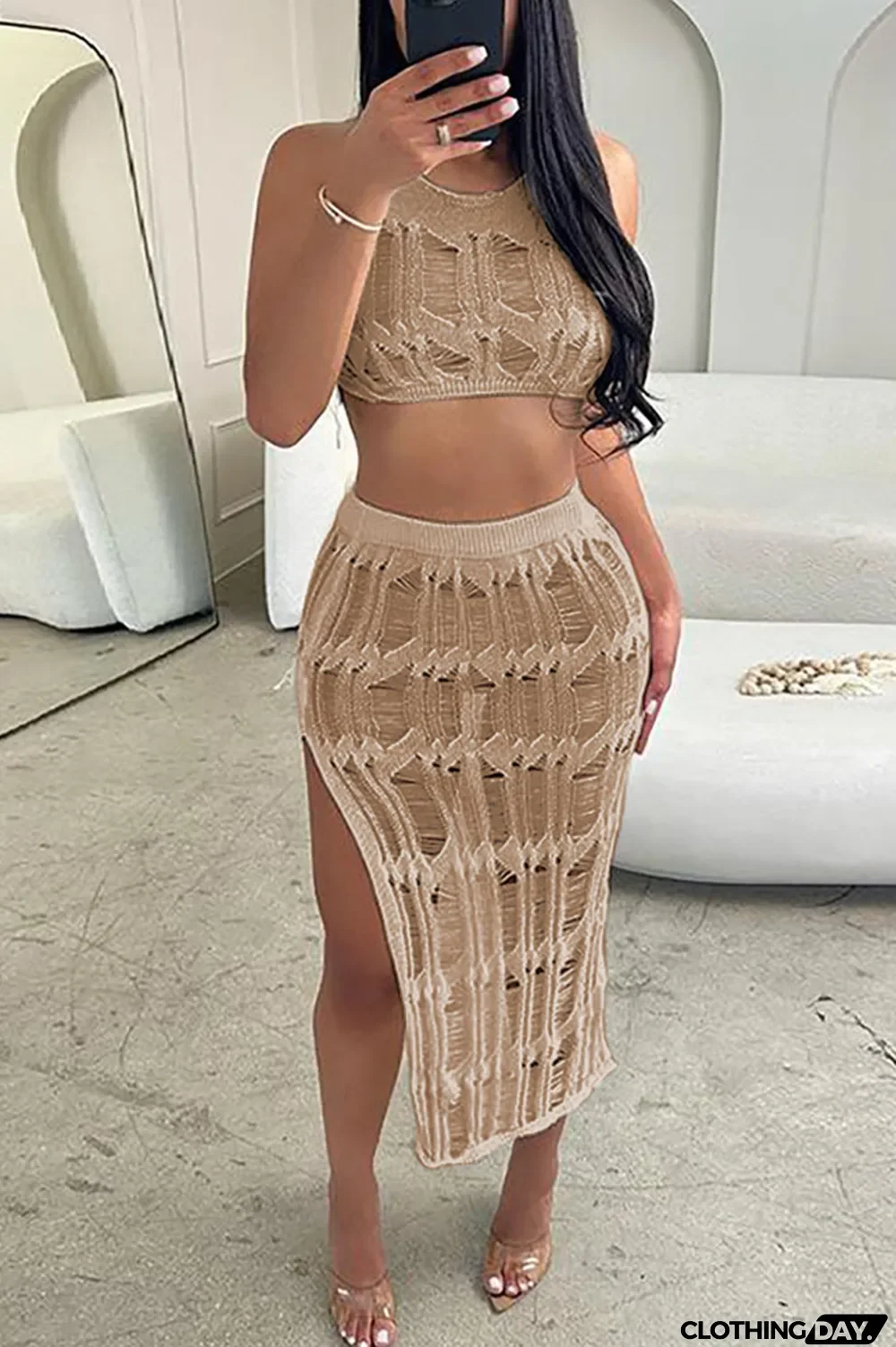 Khaki Sexy Solid Hollowed Out Patchwork Backless Slit Halter Sleeveless Two Pieces