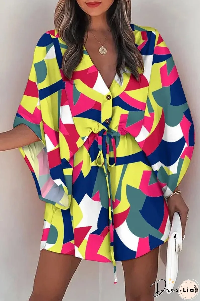 Fashion Casual Print Patchwork V Neck Dresses(12 Colors)