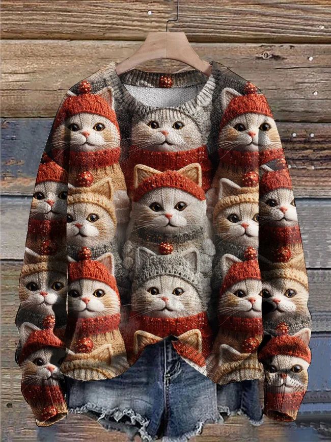 Winter Cute Cat Print Round Neck Loose Knitted Sweater