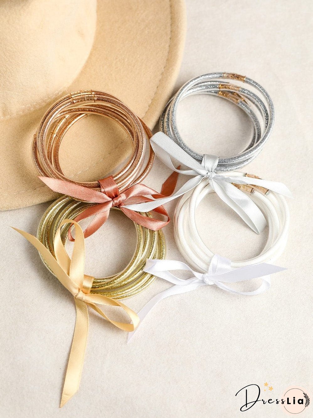 Yellow Sparkling Bow Knot Ribbon Bracelet Set - Set of 5