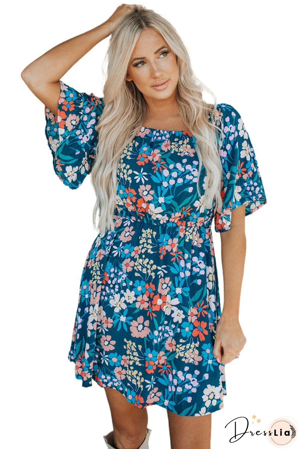 Blue Floral Ruffle Mini Dress with Square Neck