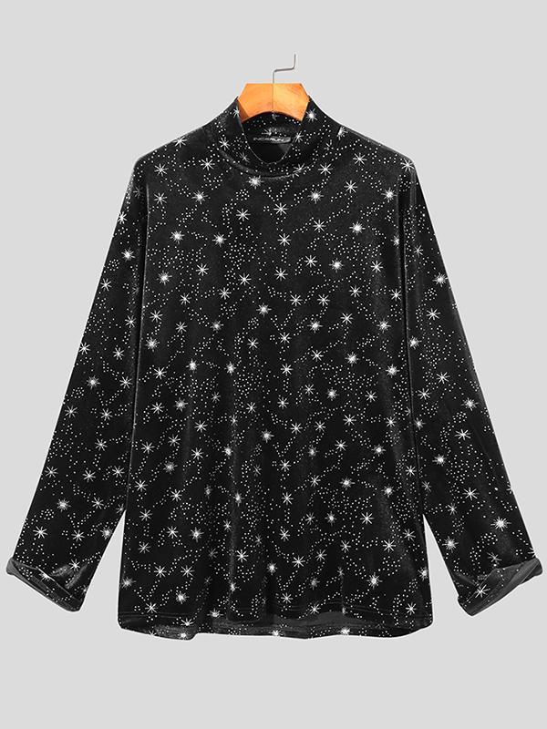 Aonga - Mens Turtleneck Velvet Glittering Long Sleeve T-ShirtI aonga