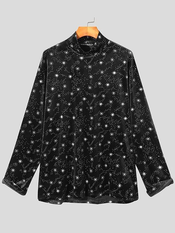 Aonga - Mens Turtleneck Velvet Glittering Long Sleeve T-ShirtI aonga