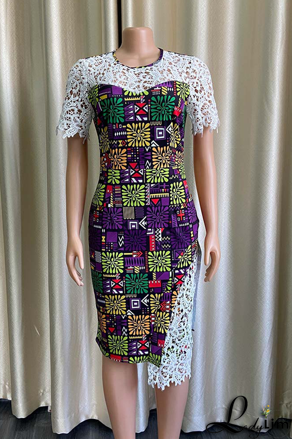 Purple Sexy Print Lace O Neck Irregular Dress Dresses