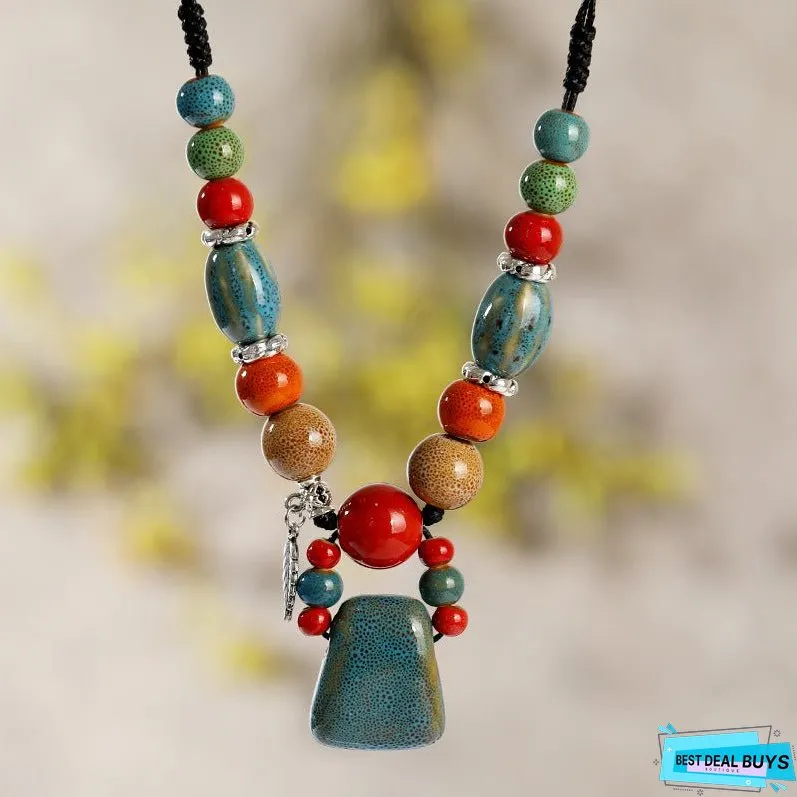 Retro Ethnic Style Ceramic Necklace for Womens Simple Collar Chain Versatile Red Pendant