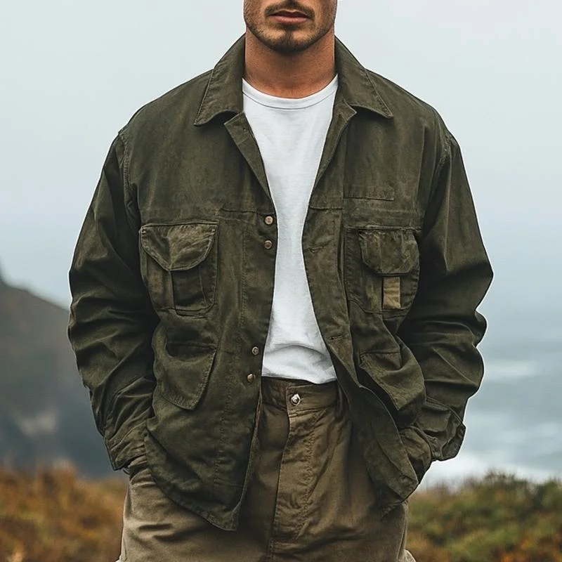 Men's Solid Color Loose Lapel Multi-pocket Cargo Jacket
