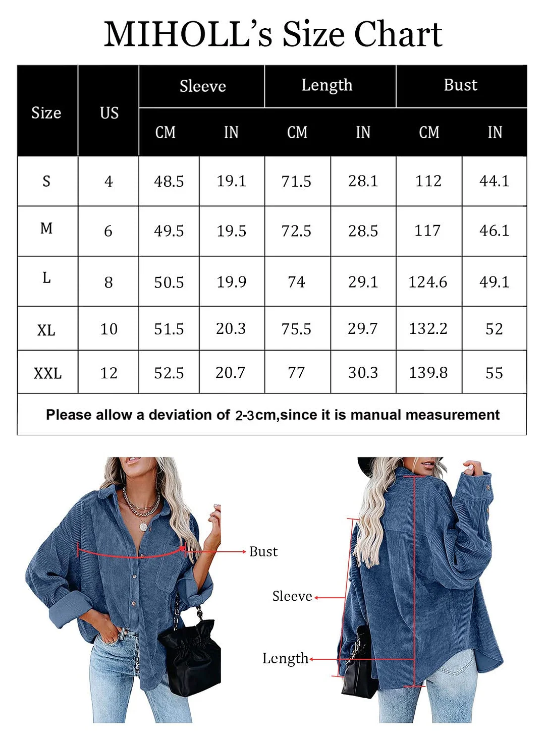 MIHOLL Women Corduroy Long Sleeve Button Down Collared Shirt Jacket Tops