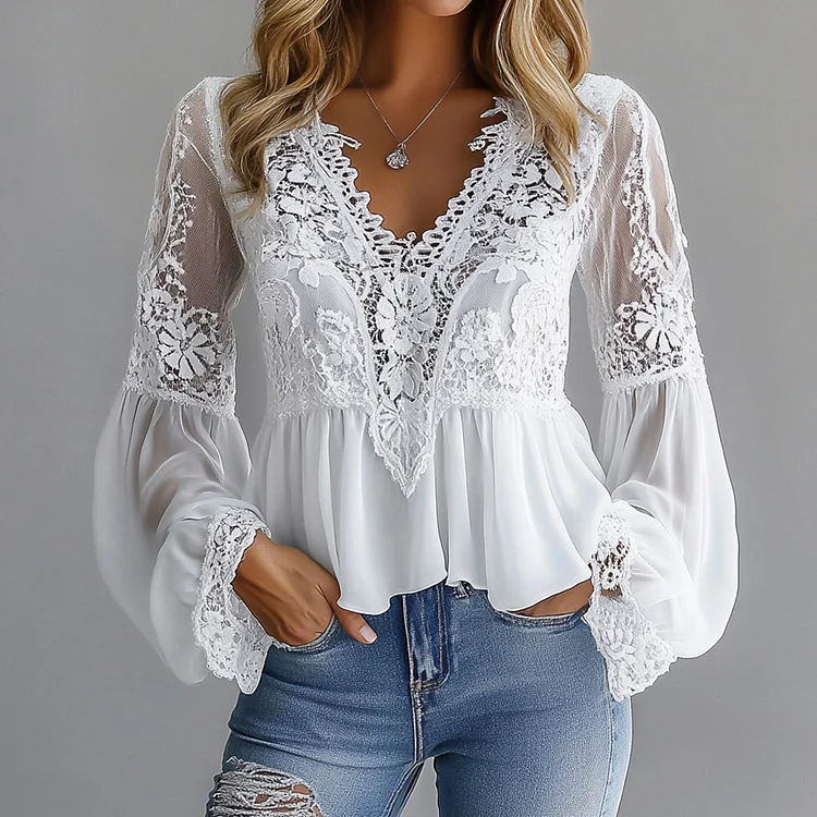Ursime Lace Floral Hollow Out V Neck Lantern Sleeve Blouse