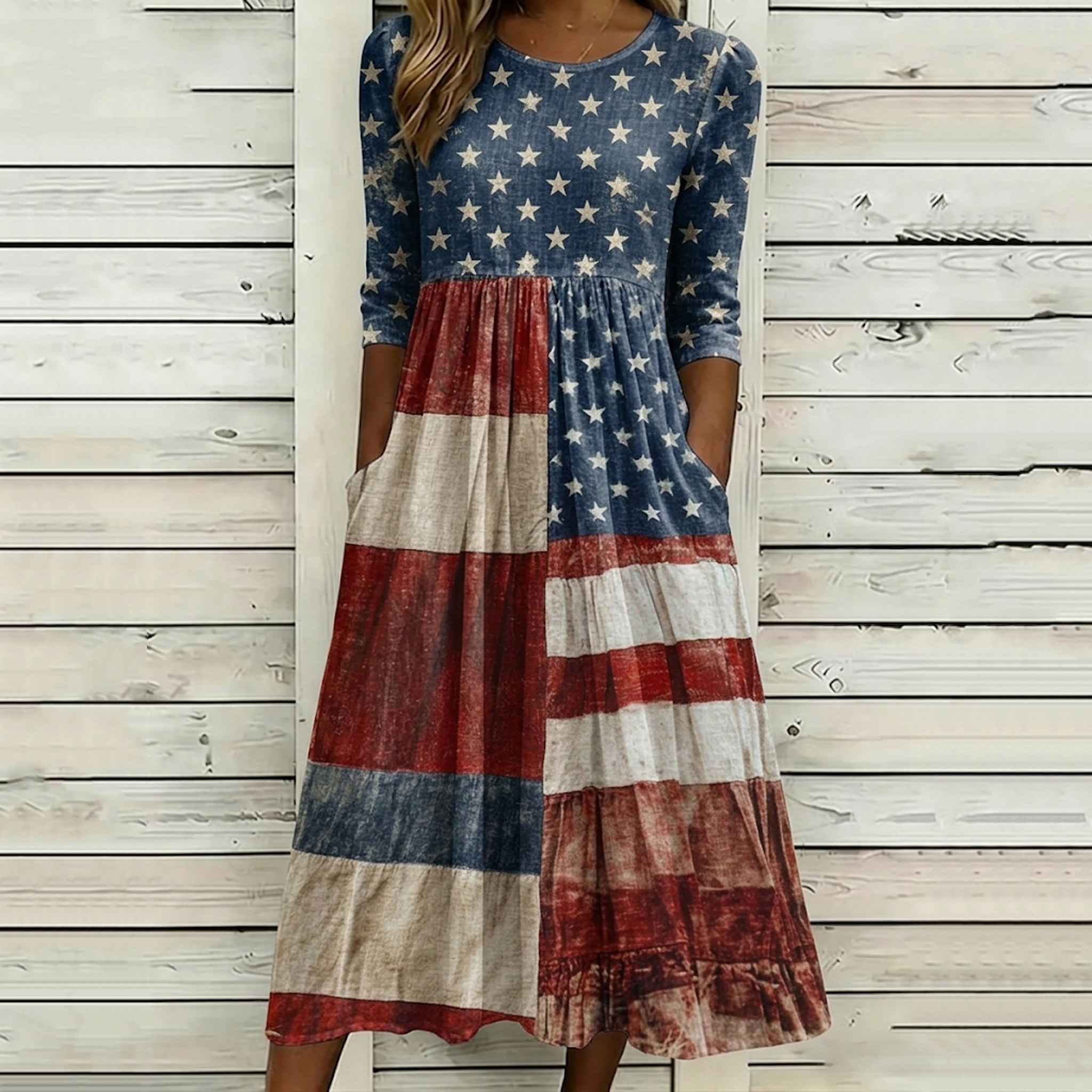  Women's Retro Flags Print Casual Crew Neck Dress Westsshops