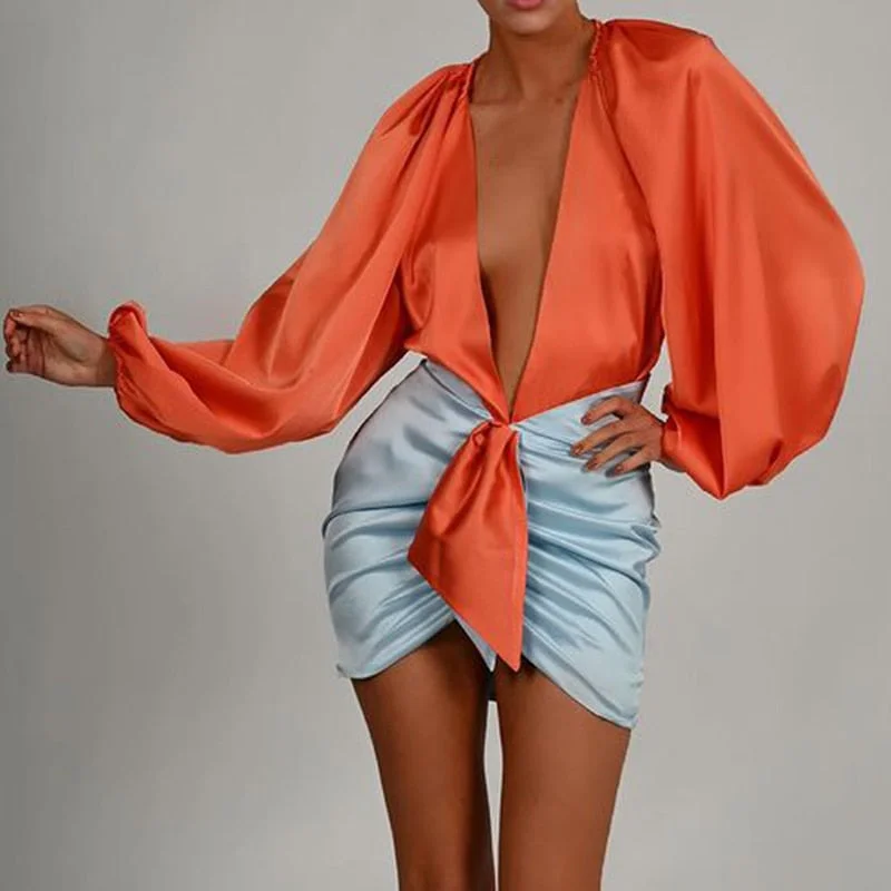 Articat Sexy Deep V-neck Satin Two Piece Set Women Long Sleeve Top Short Skirt Sets Matching Casual Partywear Winter Women Set