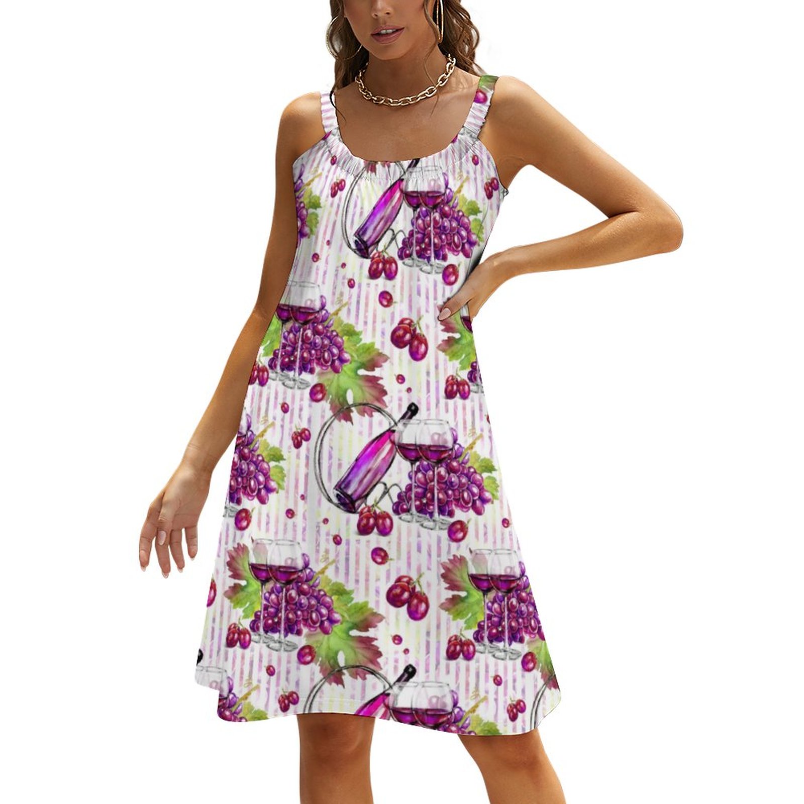 Wine Bottle Grapes Leaves Purple Green Beige Summer Hawaiian Beach Retro Dresses Casual Sling Sleeveless Printed Knee Length Dress