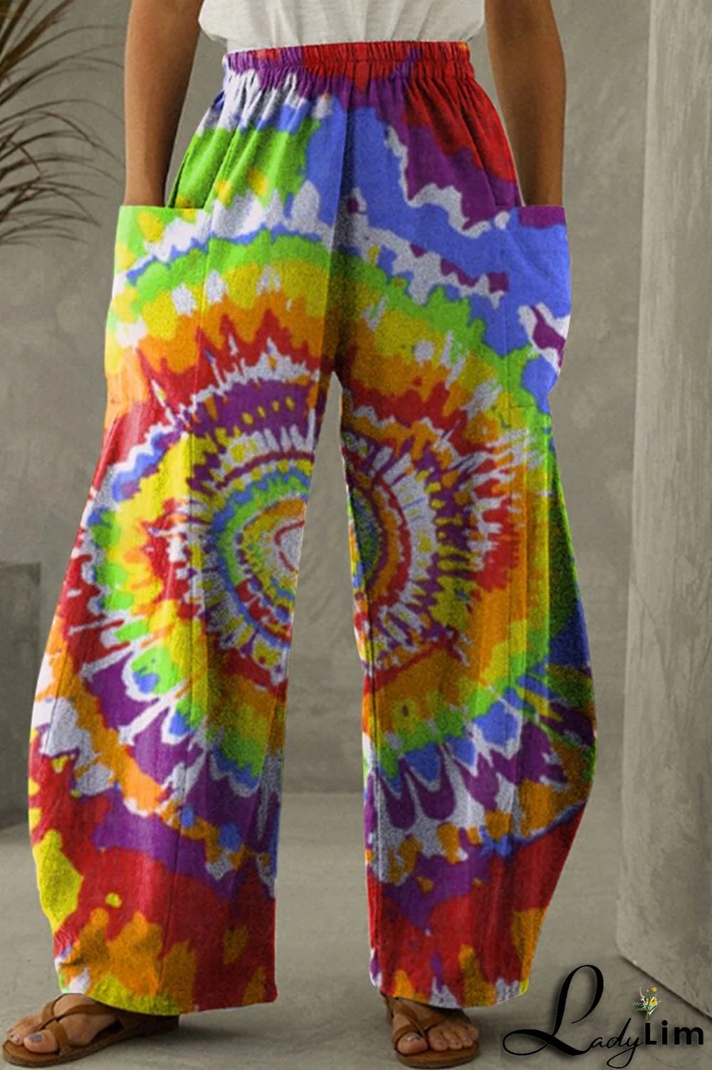 Orange Green Fashion Casual Print Tie Dye Patchwork Regular High Waist Trousers