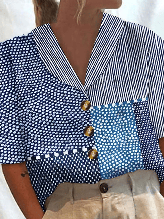 Women's Abstract Geometric Line Art Print Design Lapel Button-Down Shirt 