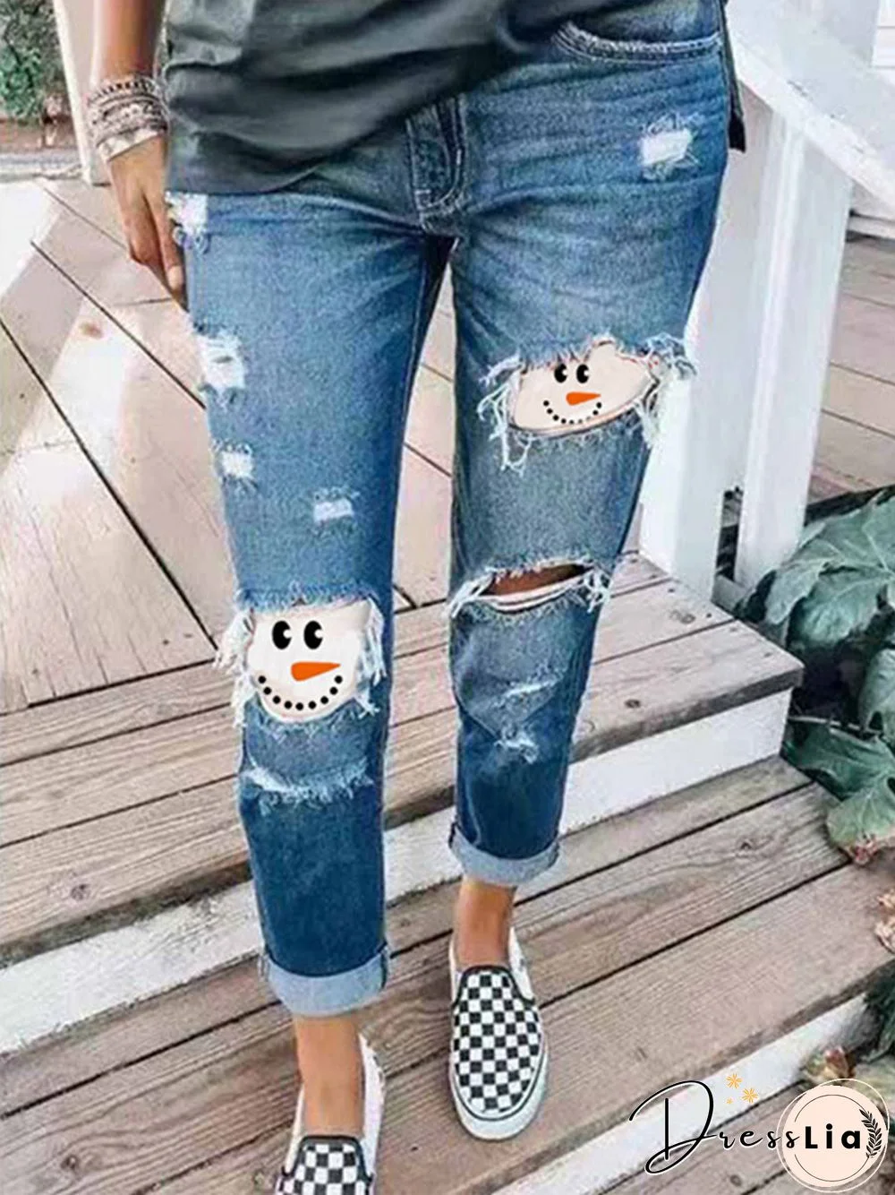 Women'S Snowman Face Printed Christmas Jeans