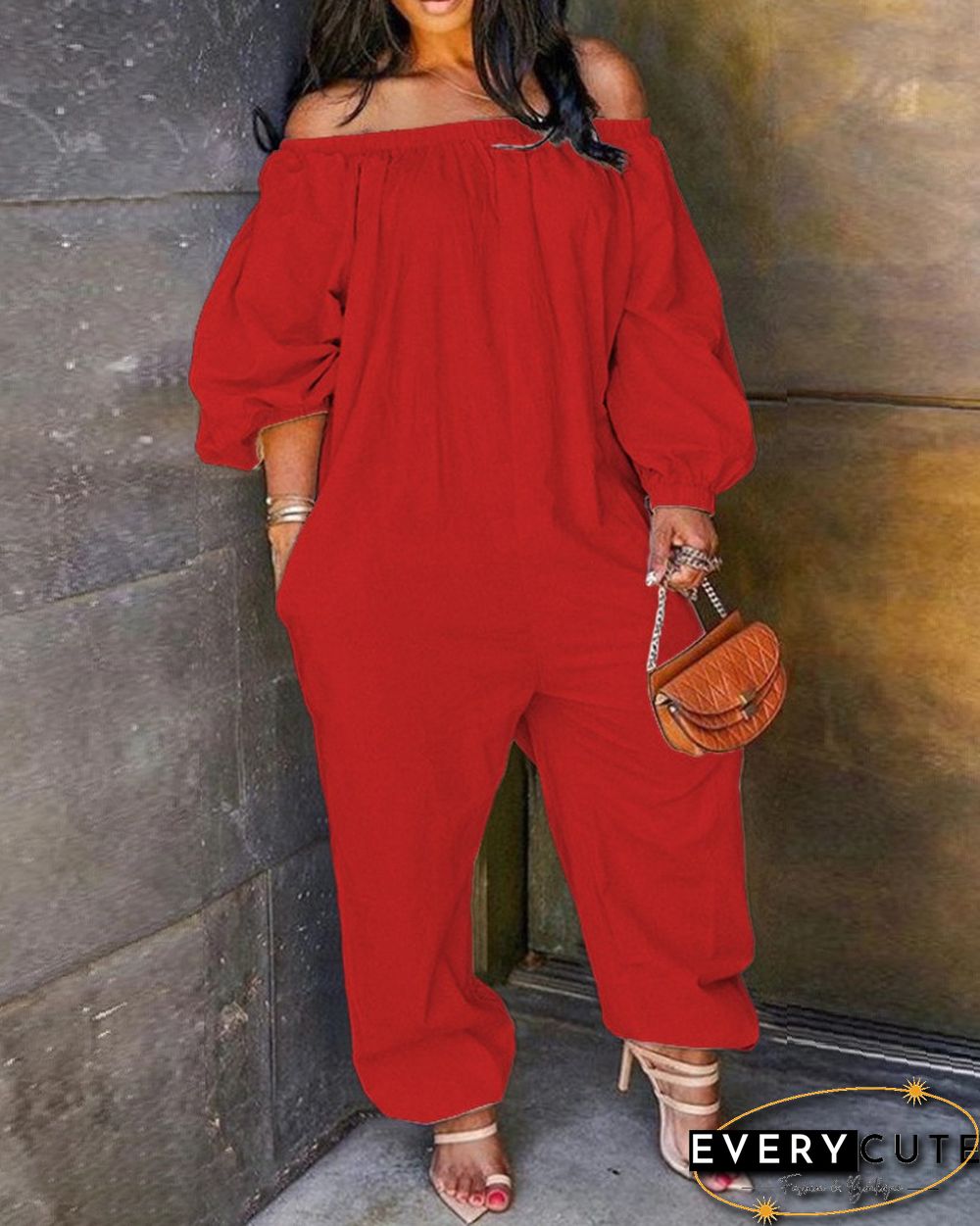 Off Shoulder Solid Lantern Sleeve Jumpsuit